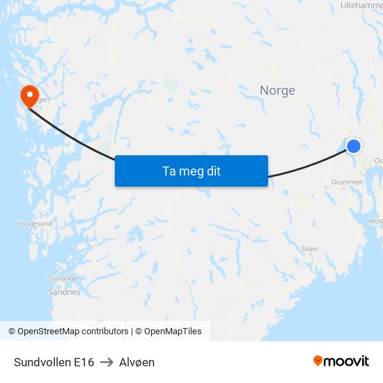 Sundvollen E16 to Alvøen map