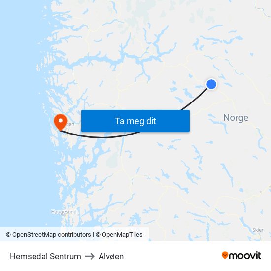 Hemsedal Sentrum to Alvøen map