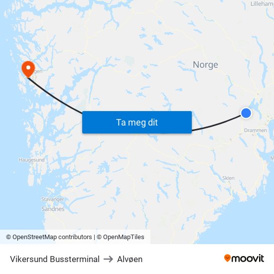 Vikersund Bussterminal to Alvøen map