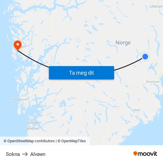 Sokna to Alvøen map