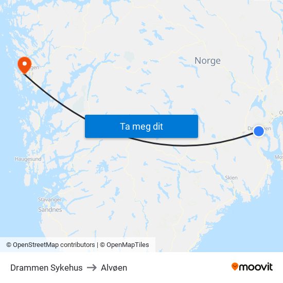 Drammen Sykehus to Alvøen map