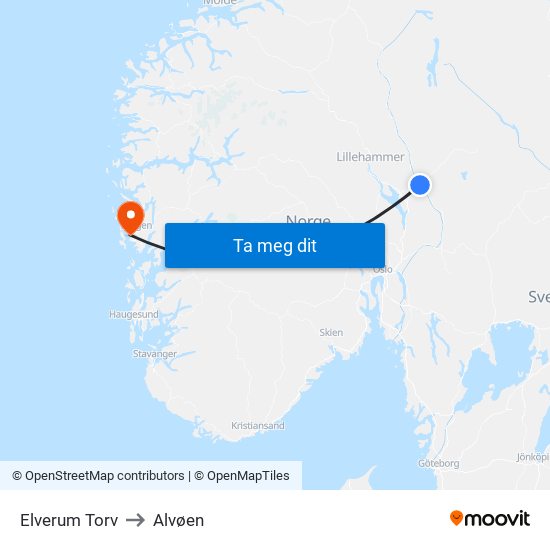 Elverum Torv to Alvøen map