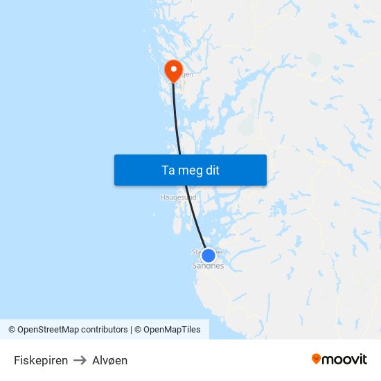 Fiskepiren to Alvøen map