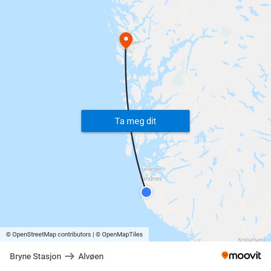 Bryne Stasjon to Alvøen map