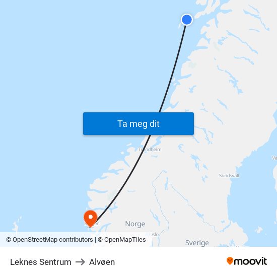 Leknes Sentrum to Alvøen map