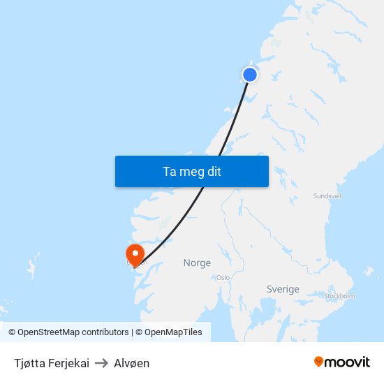 Tjøtta Ferjekai to Alvøen map