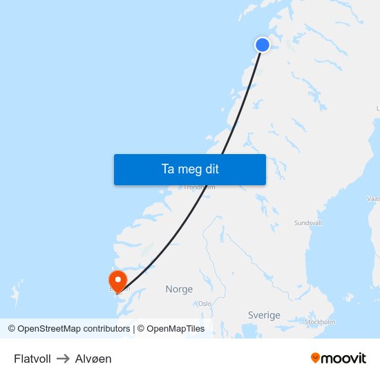 Flatvoll to Alvøen map