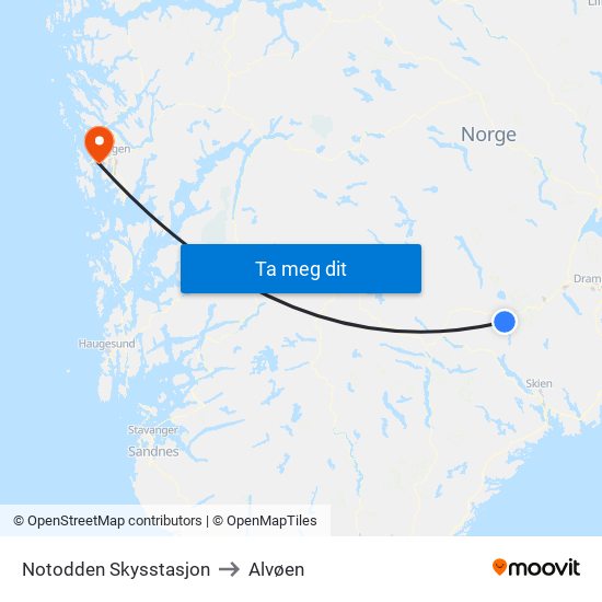 Notodden Skysstasjon to Alvøen map