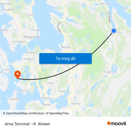 Arna Terminal to Alvøen map