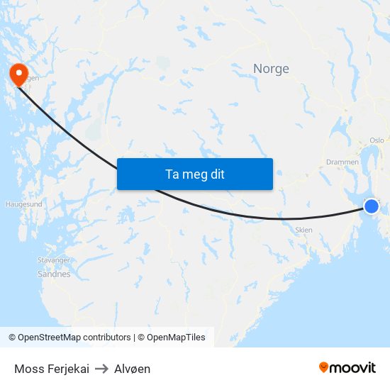 Moss Ferjekai to Alvøen map