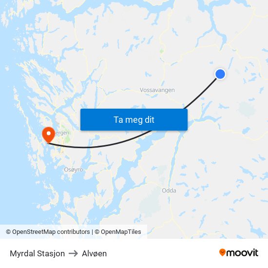 Myrdal Stasjon to Alvøen map