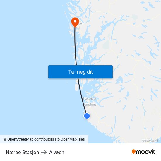 Nærbø Stasjon to Alvøen map