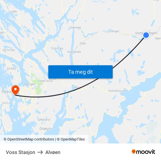 Voss Stasjon to Alvøen map