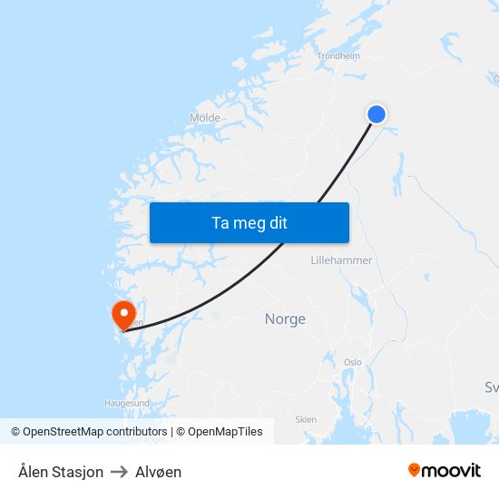 Ålen Stasjon to Alvøen map