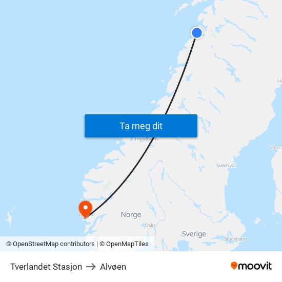 Tverlandet Stasjon to Alvøen map