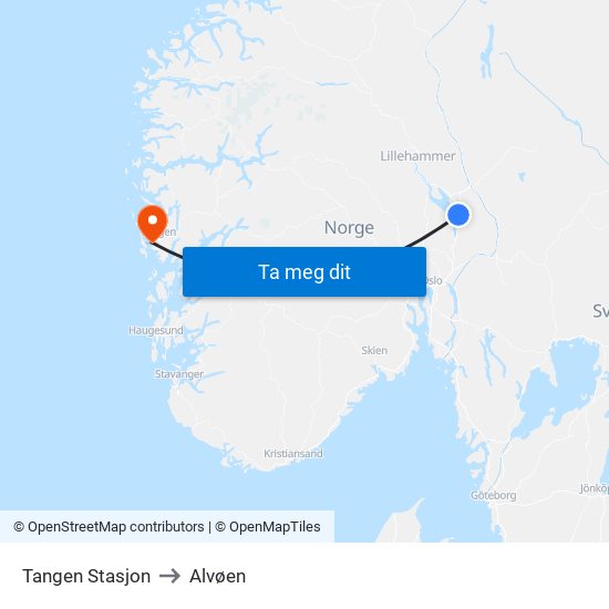Tangen Stasjon to Alvøen map