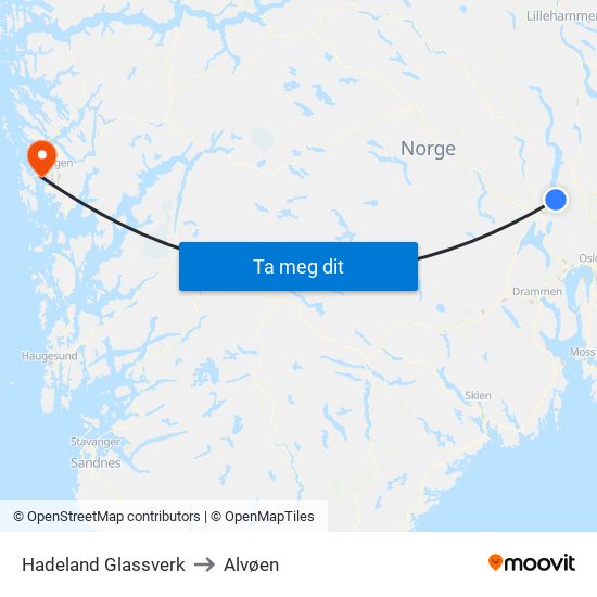Hadeland Glassverk to Alvøen map