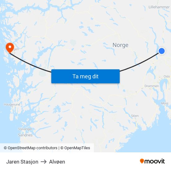 Jaren Stasjon to Alvøen map