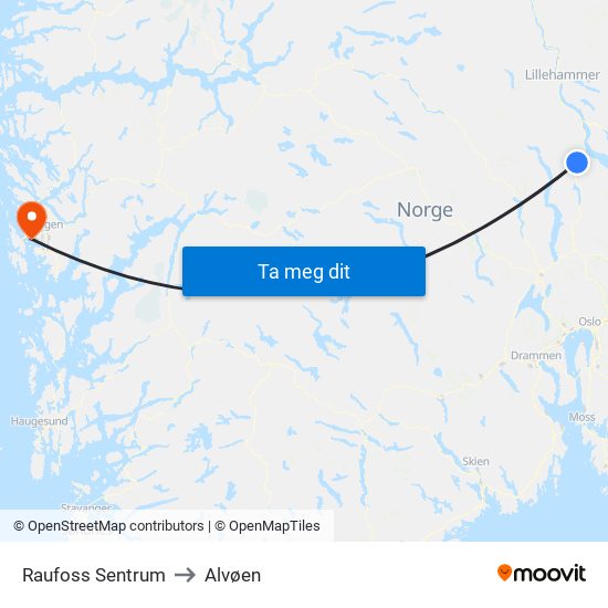 Raufoss Sentrum to Alvøen map