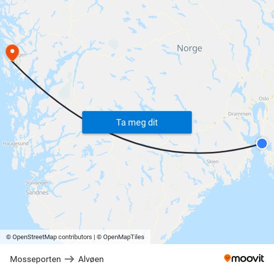 Mosseporten to Alvøen map