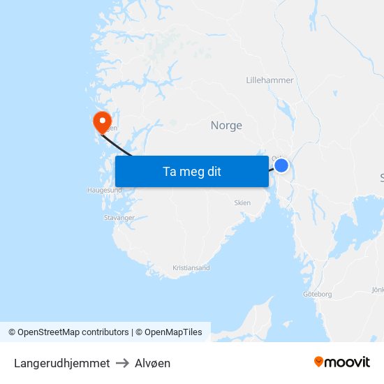 Langerudhjemmet to Alvøen map