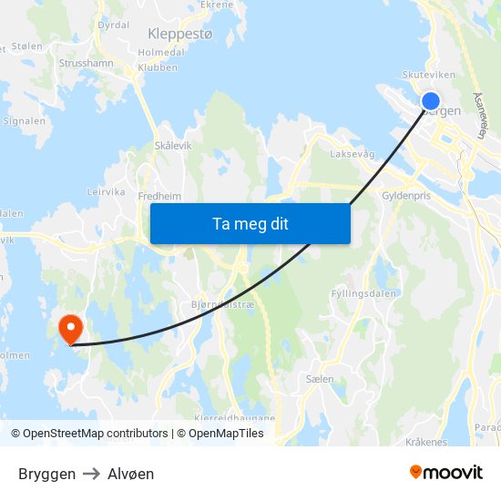 Bryggen to Alvøen map