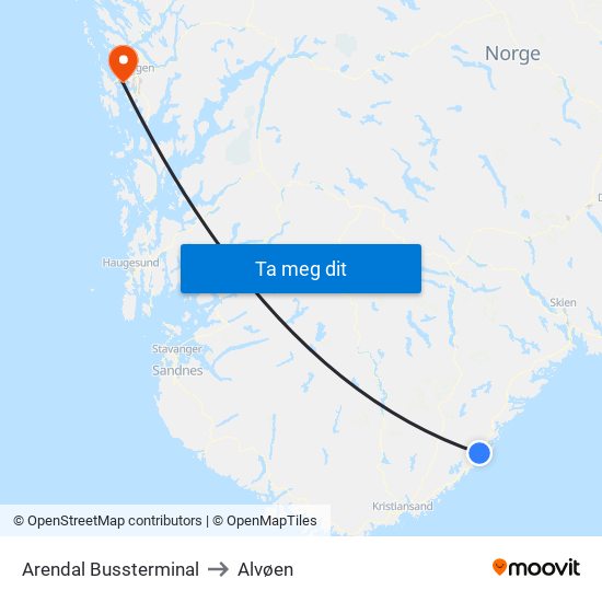 Arendal Bussterminal to Alvøen map