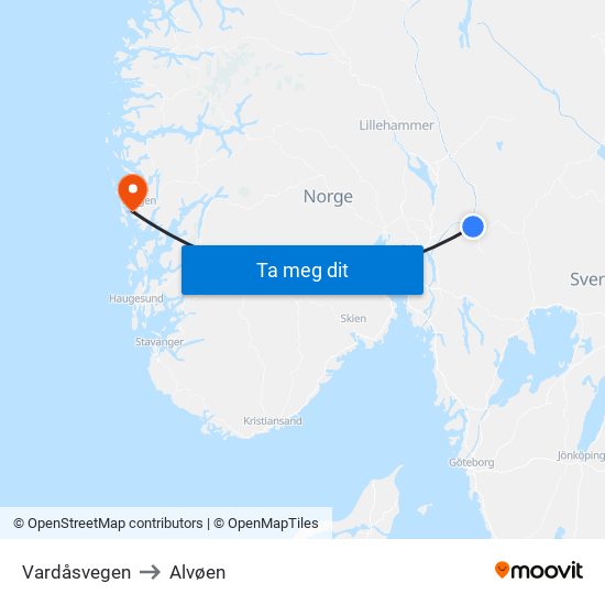 Vardåsvegen to Alvøen map