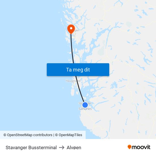 Stavanger Bussterminal to Alvøen map