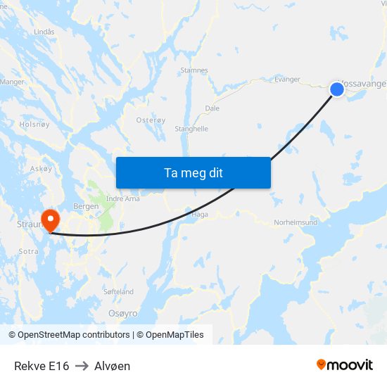 Rekve E16 to Alvøen map