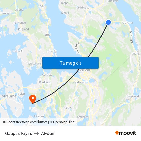 Gaupås Kryss to Alvøen map