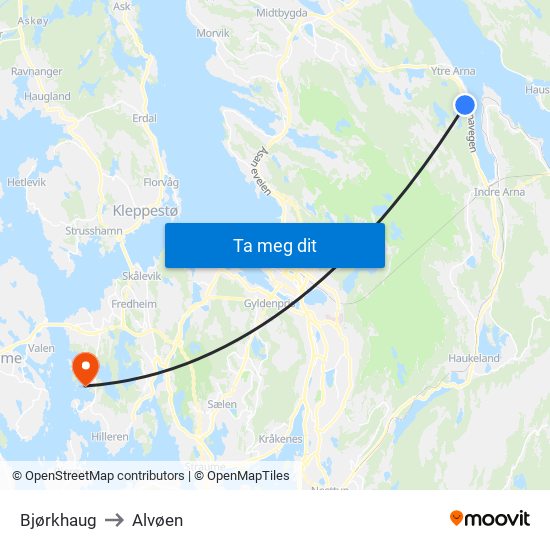 Bjørkhaug to Alvøen map