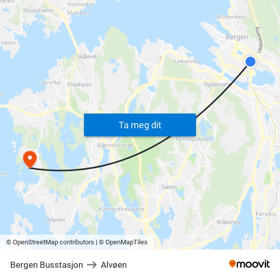 Bergen Busstasjon to Alvøen map