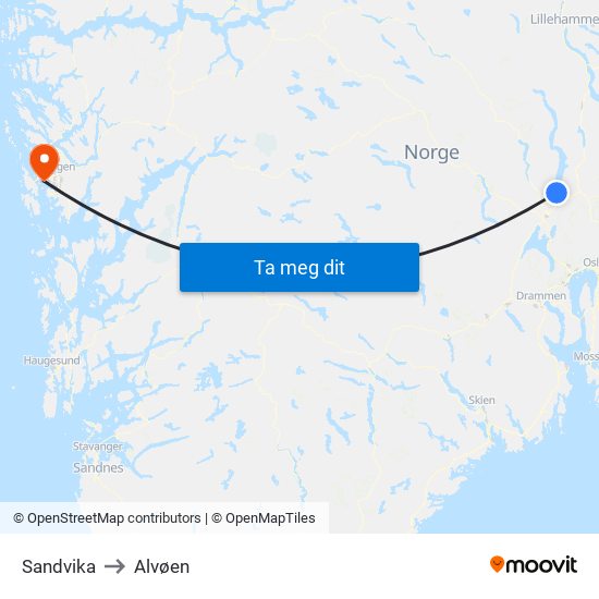 Sandvika to Alvøen map
