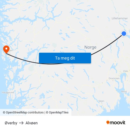 Øverby to Alvøen map