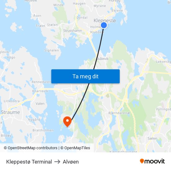 Kleppestø Terminal to Alvøen map