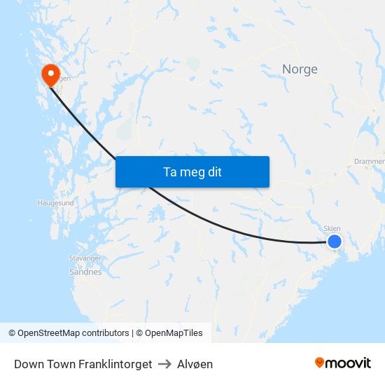 Down Town Franklintorget to Alvøen map