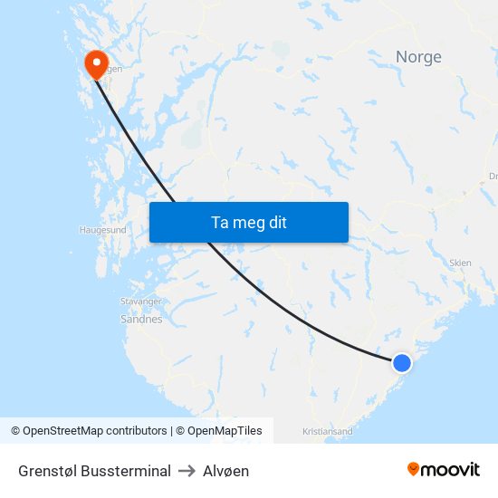 Grenstøl Bussterminal to Alvøen map