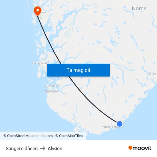 Sangereidåsen to Alvøen map