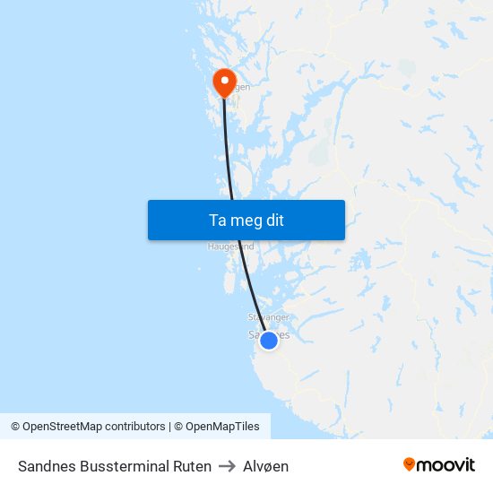 Sandnes Bussterminal Ruten to Alvøen map