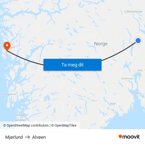 Mjørlund to Alvøen map