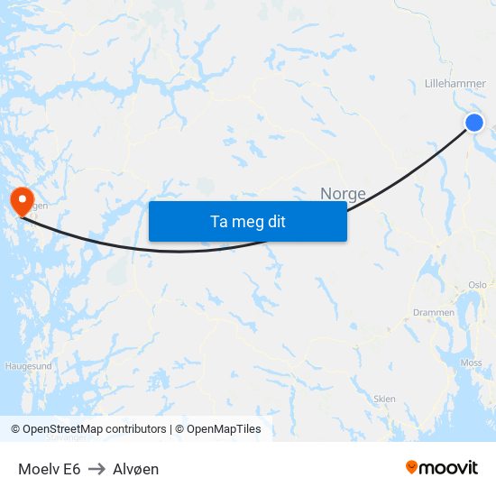 Moelv E6 to Alvøen map