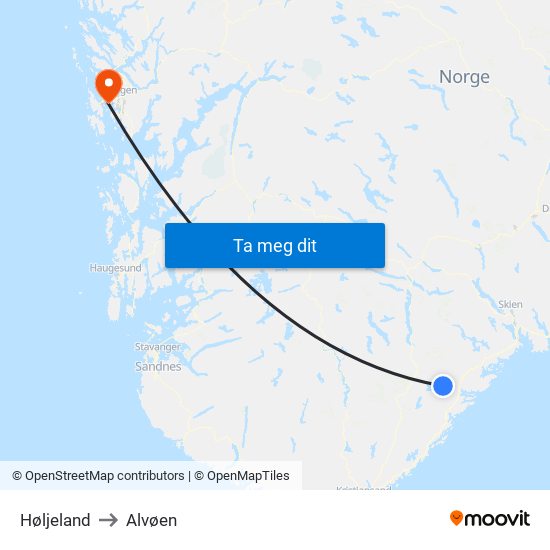 Høljeland to Alvøen map