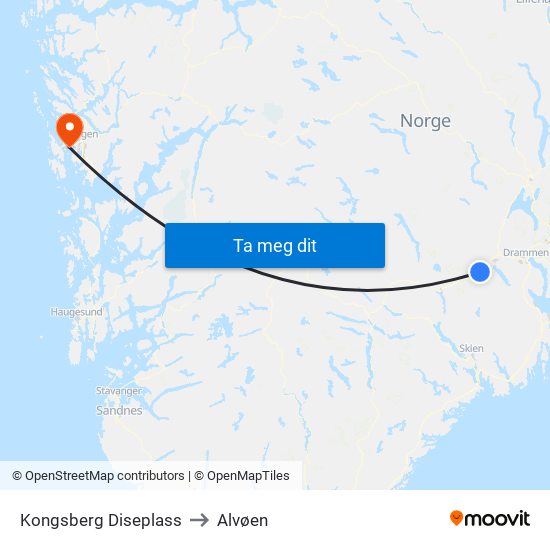 Kongsberg Diseplass to Alvøen map