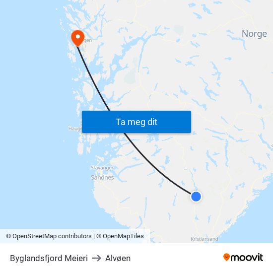 Byglandsfjord Meieri to Alvøen map