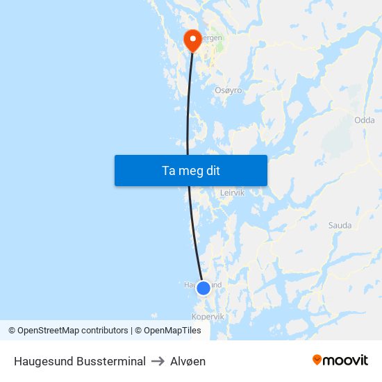 Haugesund Bussterminal to Alvøen map