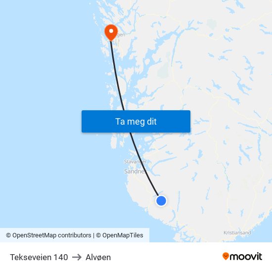 Tekseveien 140 to Alvøen map