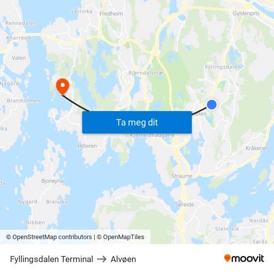Fyllingsdalen Terminal to Alvøen map