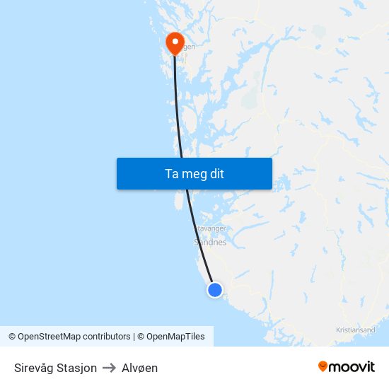 Sirevåg Stasjon to Alvøen map