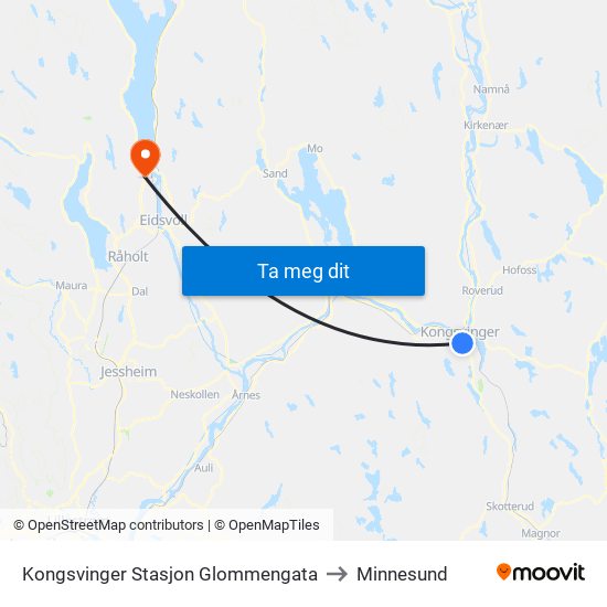 Kongsvinger Stasjon Glommengata to Minnesund map